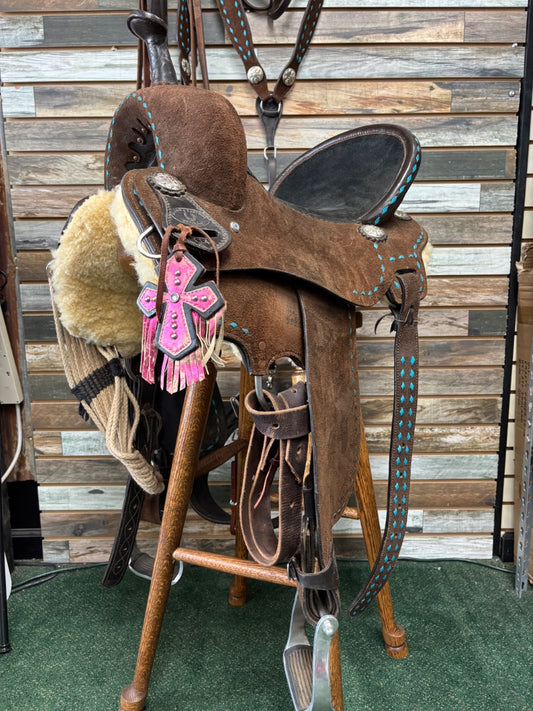 USED Balius & Xanthus Barrel Saddle With Matching Set 14” Chocolate Roughout and Turquoise Stichting