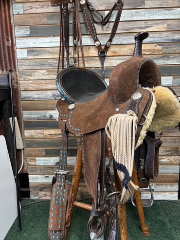 USED Balius & Xanthus Barrel Saddle With Matching Set 14” Chocolate Roughout and Turquoise Stichting