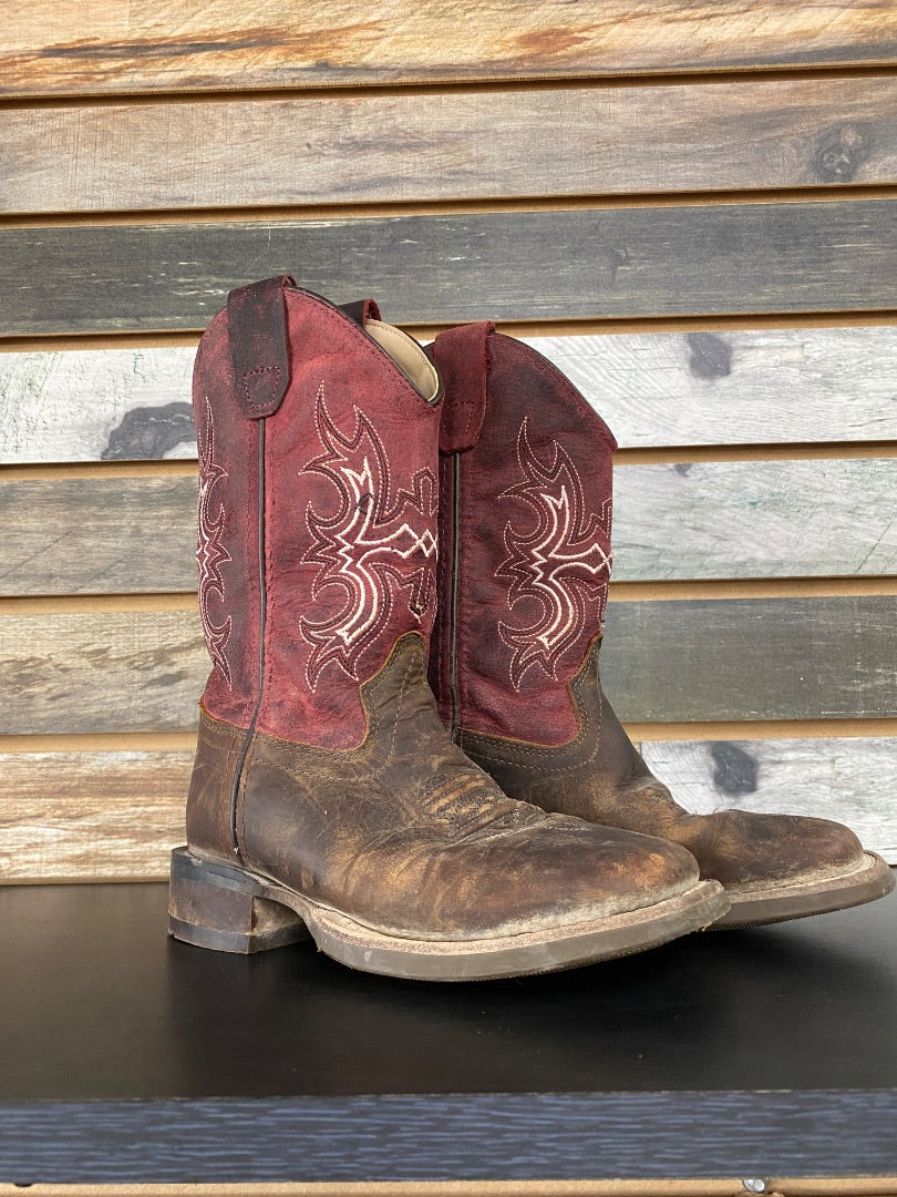 USED Old West Cowboy Boots | Youth 12 - Burgundy & Brown