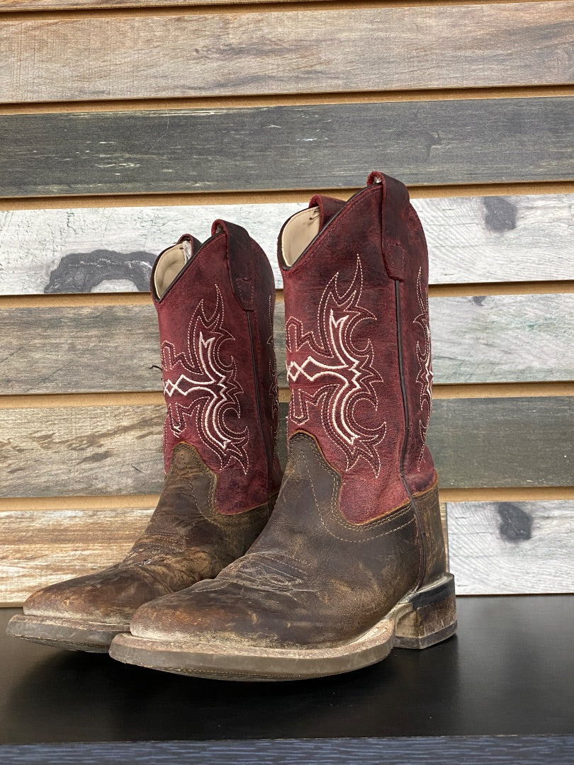 USED Old West Cowboy Boots | Youth 12 - Burgundy & Brown