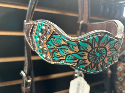 HIlason Tooled Headstall - Teal / Floral
