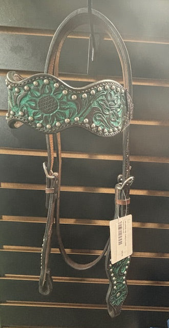 HIlason Leather Tooled Browband Headstall - Turquoise