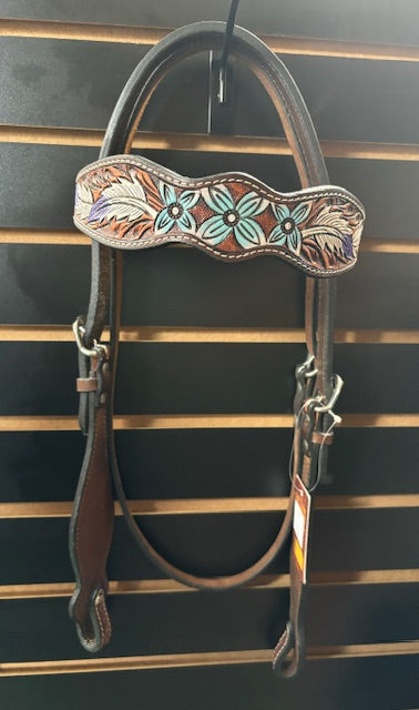 HIlason Leather Tooled Browband Headstall - Purple/Blue Floral