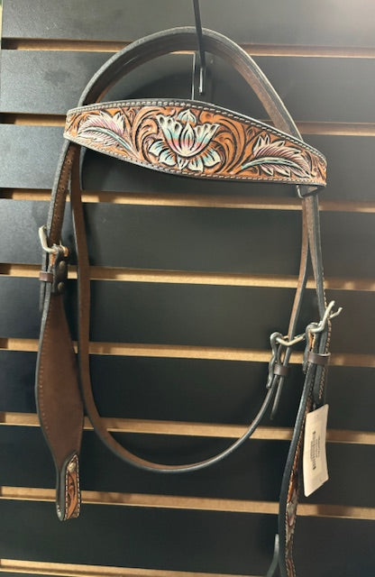 Hilason Tooled Leather Browband Headstall - Feather/Floral