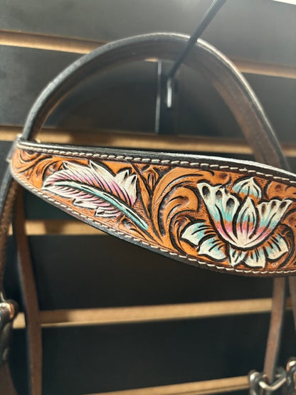 Hilason Tooled Leather Browband Headstall - Feather/Floral