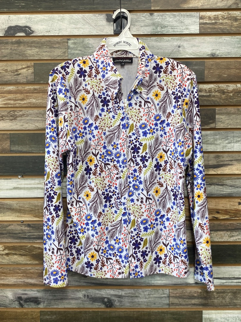 USED Hobby Horse Long Sleeve Ladies Western Show Shirts XXL Limited Edition Floral Print on White Base