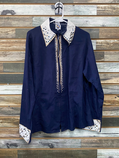 USED Royal Highness Long Sleeve Ladies Western Show Shirts XXL Navy | Blue & Clear Gems
