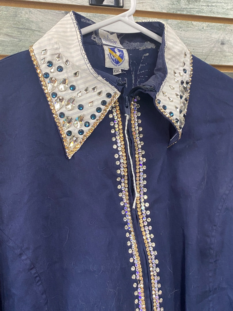 USED Royal Highness Long Sleeve Ladies Western Show Shirts XXL Navy | Blue & Clear Gems