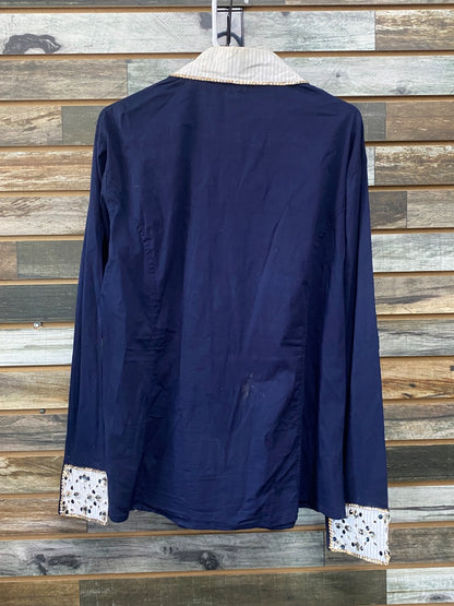 USED Royal Highness Long Sleeve Ladies Western Show Shirts XXL Navy | Blue & Clear Gems
