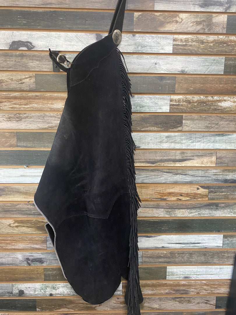 USED  Ladies Western Suede Chaps with Fringe Small Black