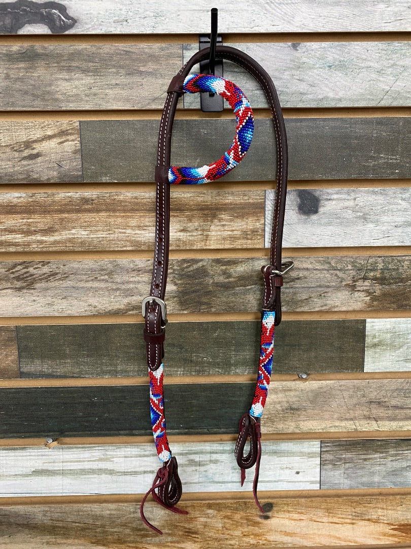 USED  One Ear Headstall with Red/White/Blue Beads  Dark Oil