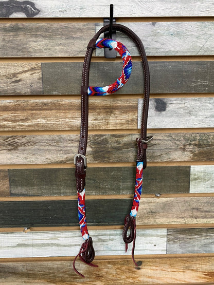 USED  One Ear Headstall with Red/White/Blue Beads  Dark Oil