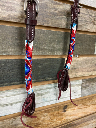 USED  One Ear Headstall with Red/White/Blue Beads  Dark Oil