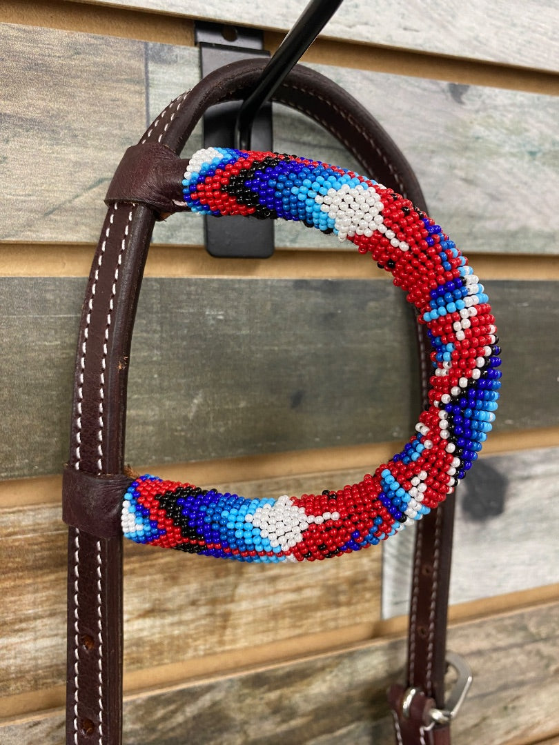 USED  One Ear Headstall with Red/White/Blue Beads  Dark Oil