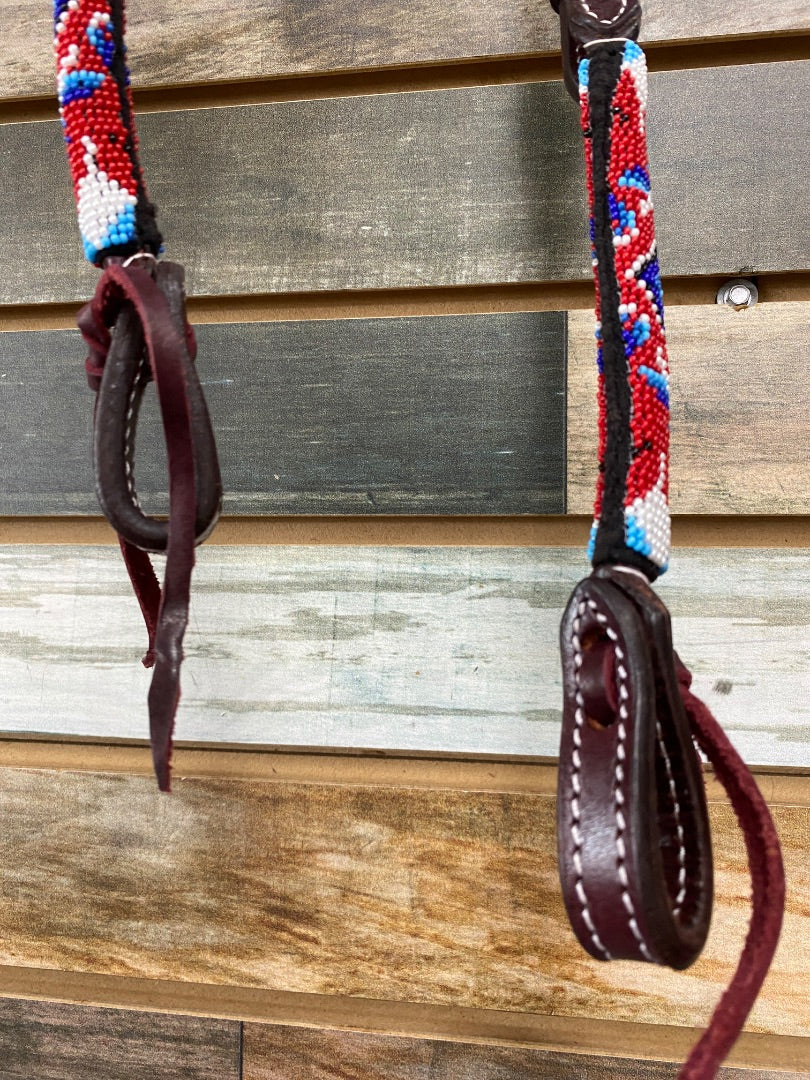 USED  One Ear Headstall with Red/White/Blue Beads  Dark Oil
