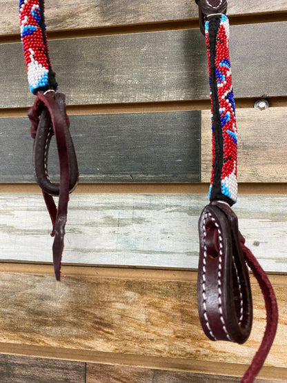 USED  One Ear Headstall with Red/White/Blue Beads  Dark Oil