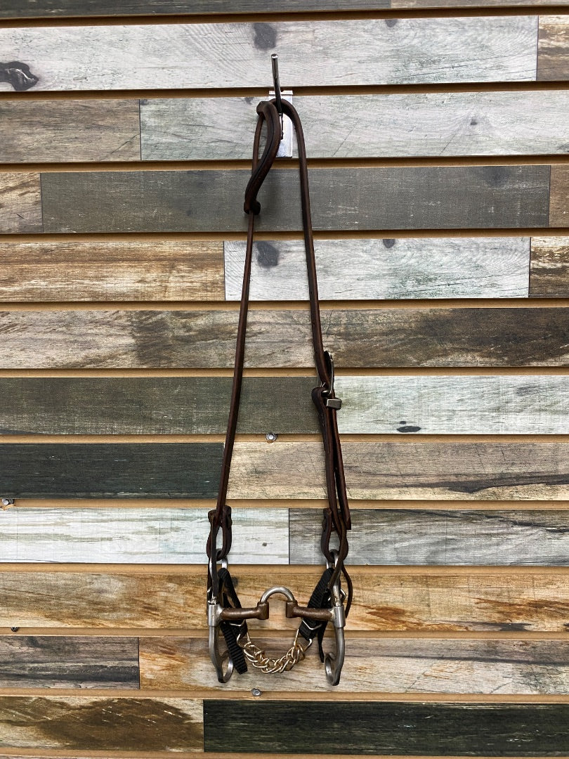 USED Dreamfield Tack One Ear Headstall with Classic Equine Performance Straight Shank Bit with Short Correction Nylon Curb Chain Horse Dark Oil