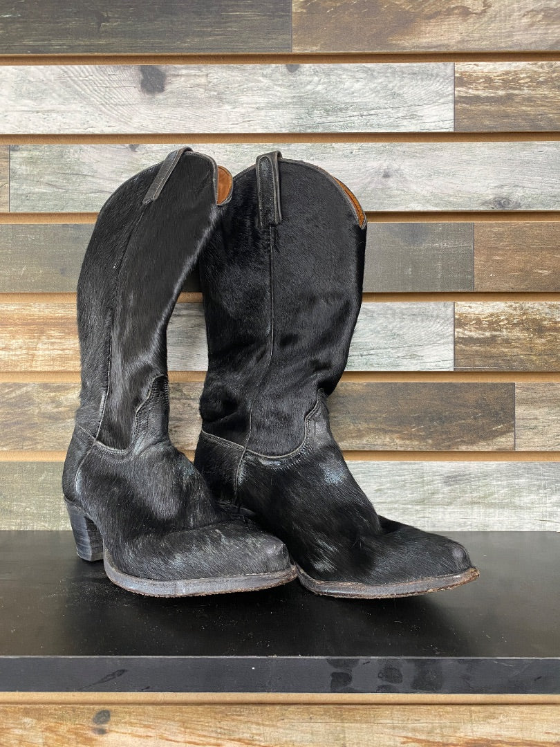 USED J. Chisholm Pointed Toe Black Fur Cowgirl Boots | W6.5, 2" Heel