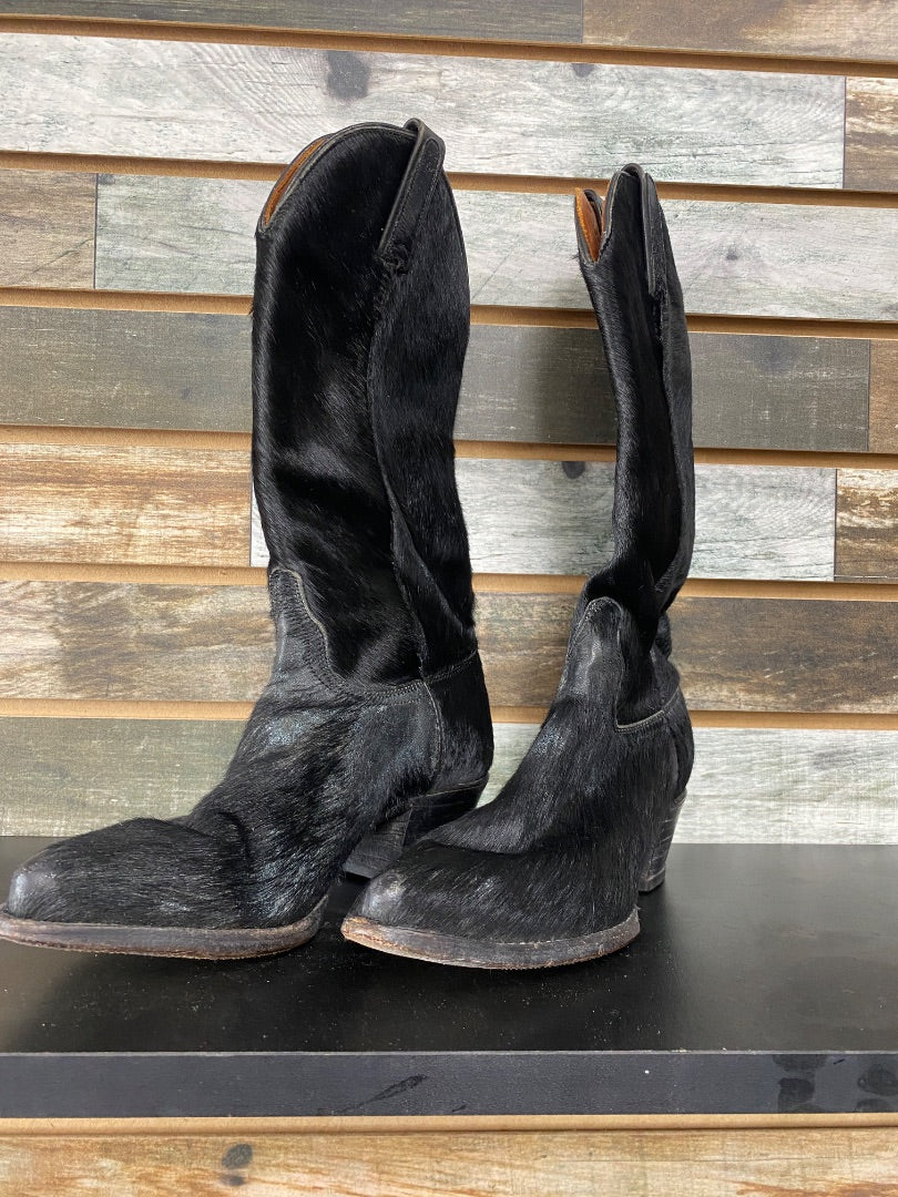 USED J. Chisholm Pointed Toe Black Fur Cowgirl Boots | W6.5, 2" Heel