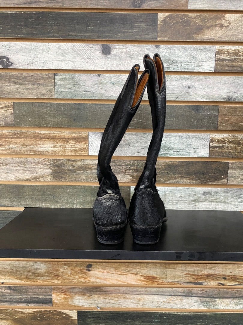 USED J. Chisholm Pointed Toe Black Fur Cowgirl Boots | W6.5, 2" Heel