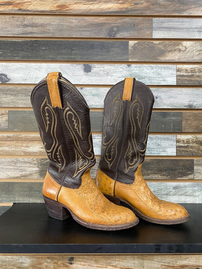 USED Genuine Ostrich Skin & Brown Leather Cowgirl Boots | Womens 6.5, 2" Heel