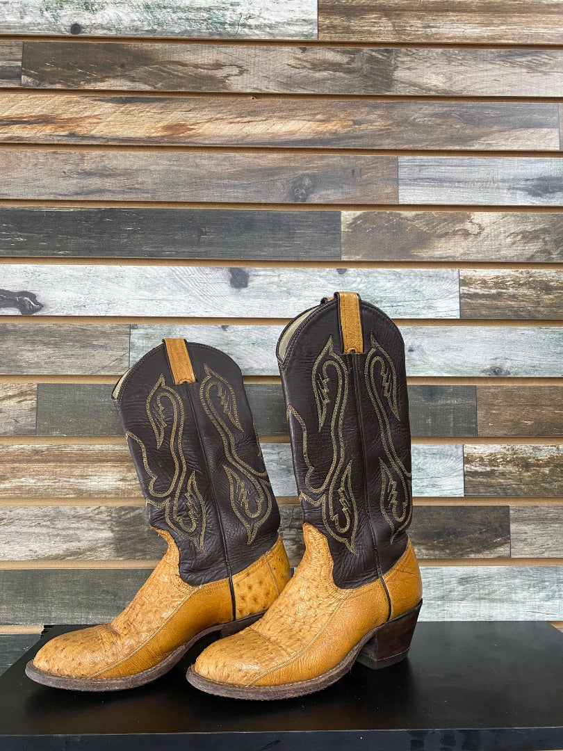 USED Genuine Ostrich Skin & Brown Leather Cowgirl Boots | Womens 6.5, 2" Heel
