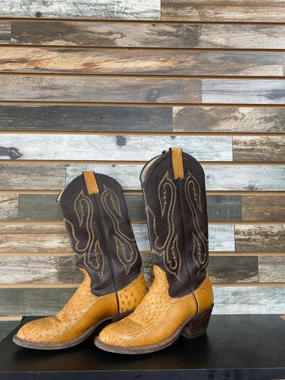 USED Genuine Ostrich Skin & Brown Leather Cowgirl Boots | Womens 6.5, 2" Heel