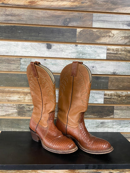 USED Tex Tan Iguana Skin & Brown Leather Cowboy Boots | 6.5W, Round Toe, 2" Heel