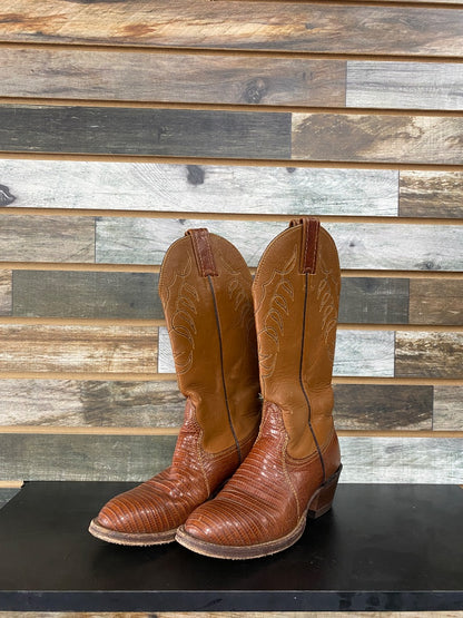 USED Tex Tan Iguana Skin & Brown Leather Cowboy Boots | 6.5W, Round Toe, 2" Heel