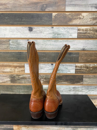 USED Tex Tan Iguana Skin & Brown Leather Cowboy Boots | 6.5W, Round Toe, 2" Heel