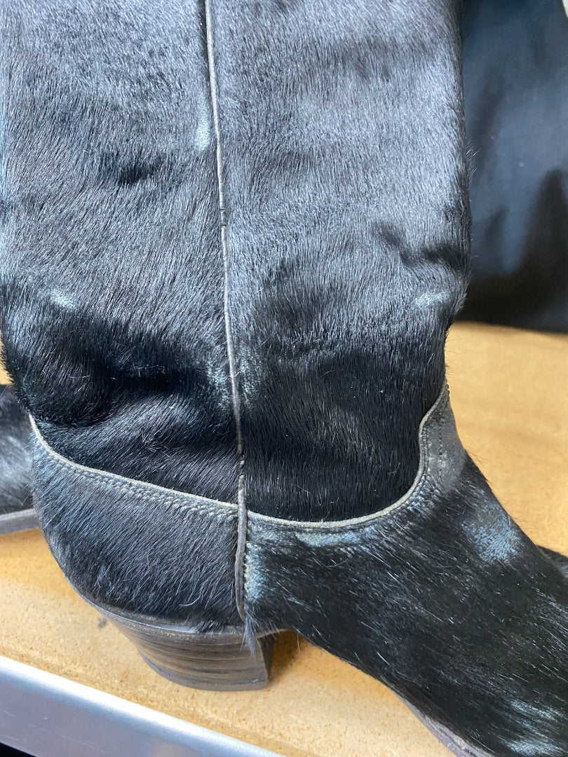 USED J. Chisholm Pointed Toe Black Fur Cowgirl Boots | W6.5, 2" Heel
