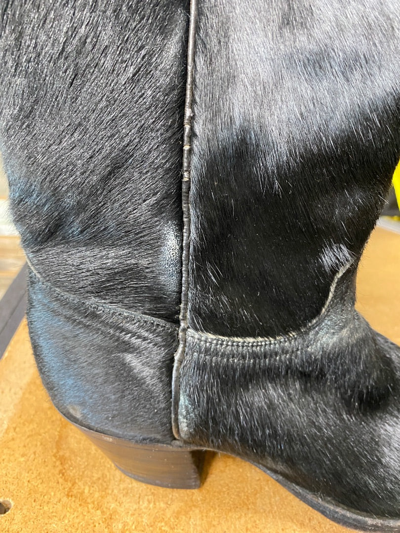 USED J. Chisholm Pointed Toe Black Fur Cowgirl Boots | W6.5, 2" Heel