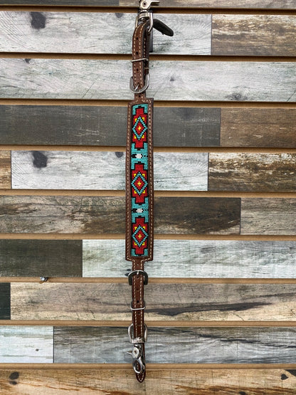 USED  Wither Strap, Leather, Beaded Design  Teal/Red/Black/Yellow