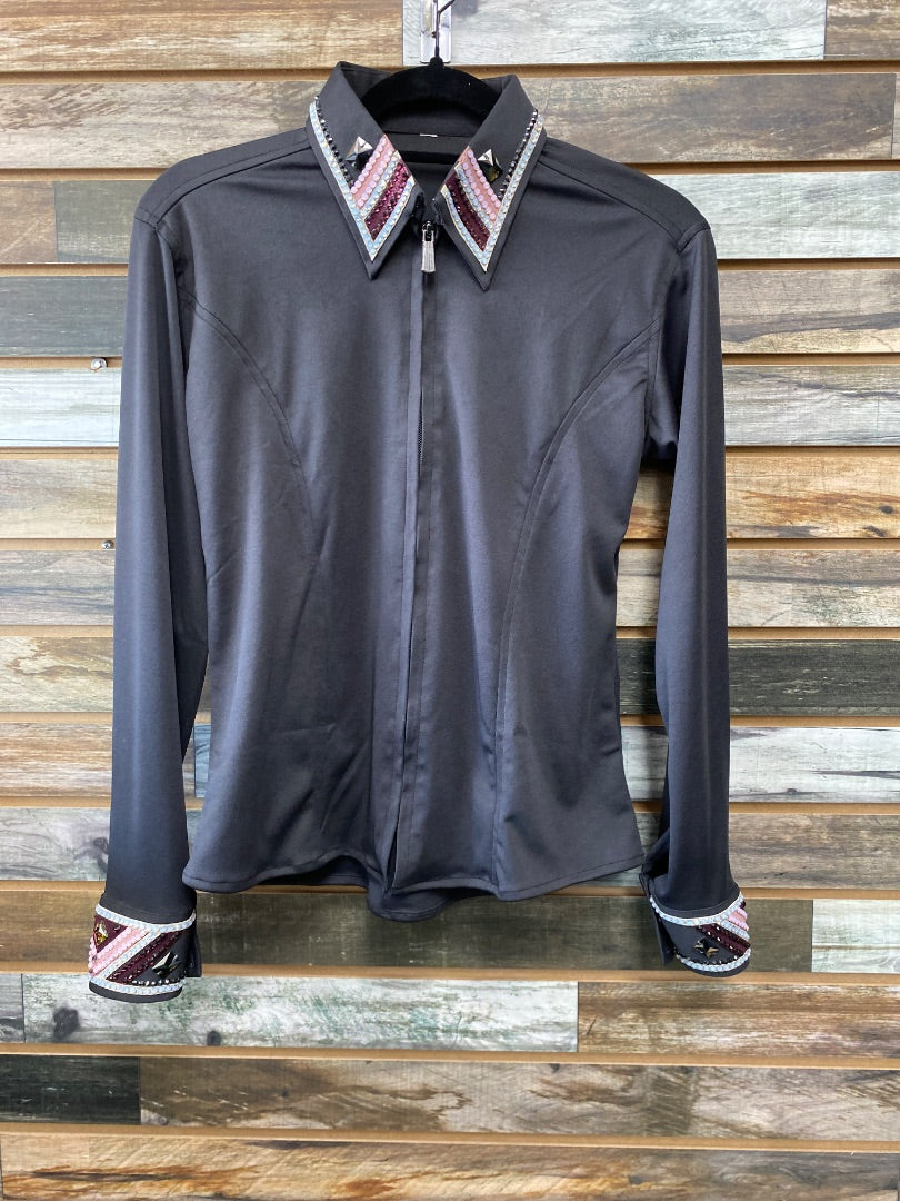 USED No Brand Ladies Western Show Tops XS Grey with Bling Collar & Cuffs | Pink, White, Wine Gems