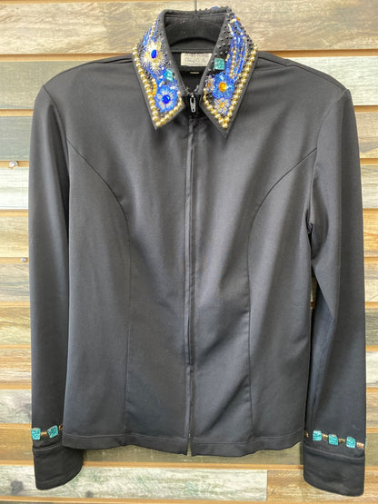 USED Hobby Horse Ladies Western Tops Medium Black with Bling Collar and Cuffs | Blue Floral & Yellow Gems
