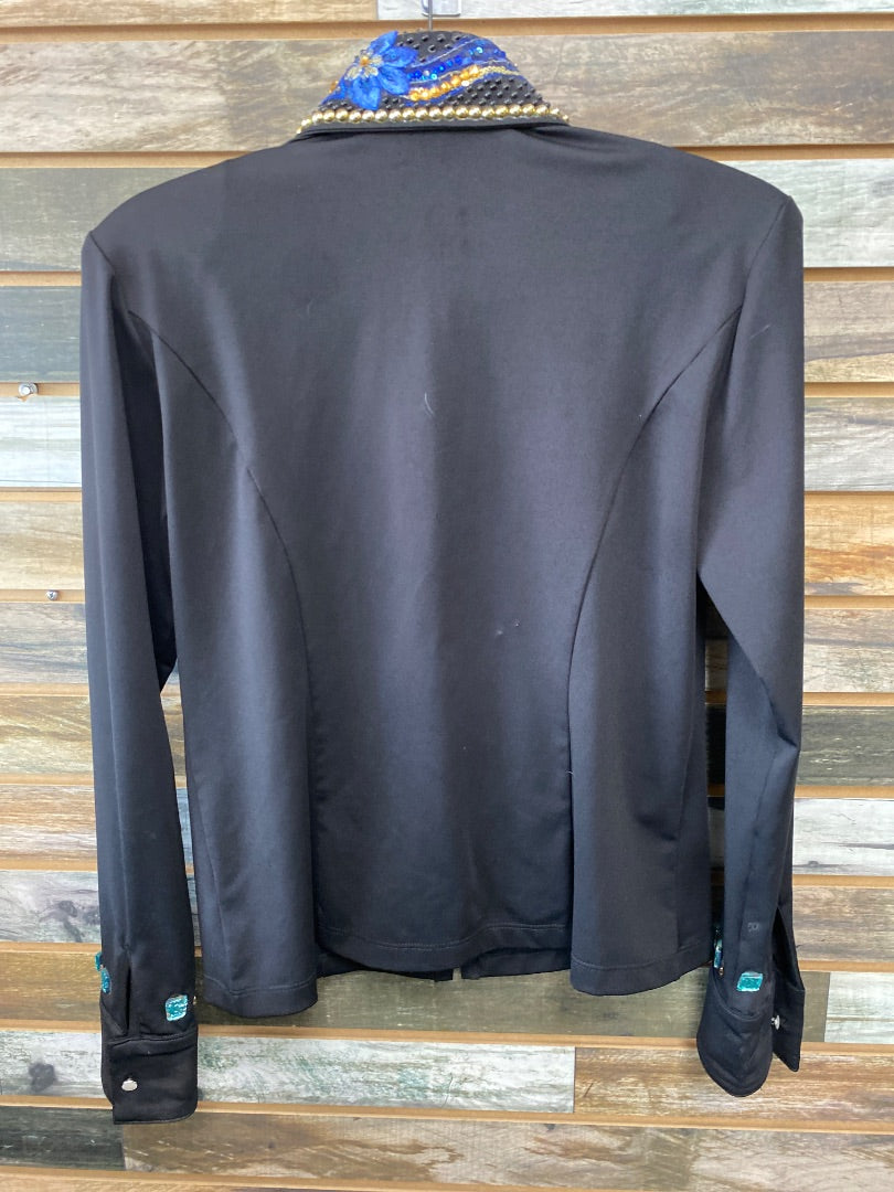 USED Hobby Horse Ladies Western Tops Medium Black with Bling Collar and Cuffs | Blue Floral & Yellow Gems