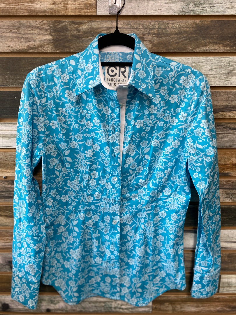 USED CR Ranchwear Ladies Western Tops XS Blue Floral