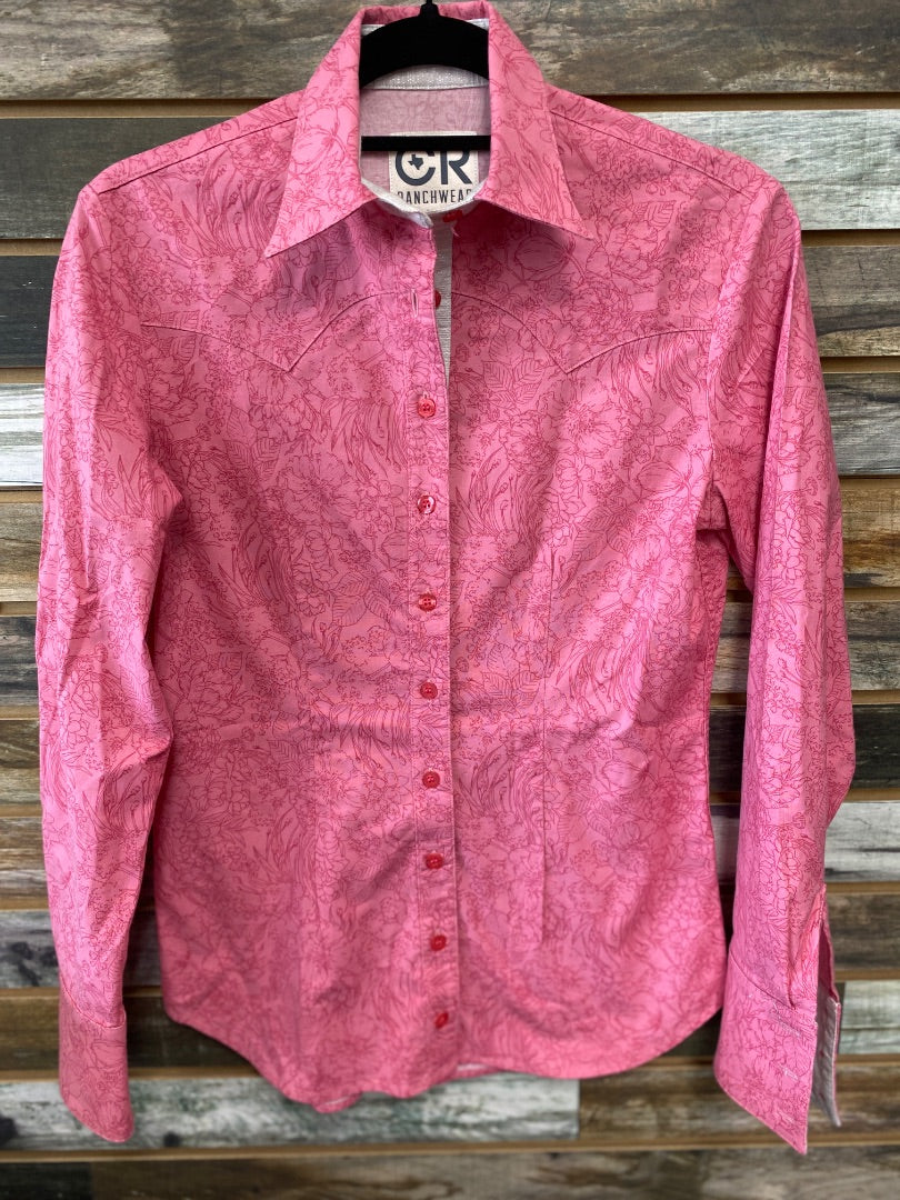 USED CR Ranchwear Ladies Western Tops XS Pink Floral | White Glitter Collar