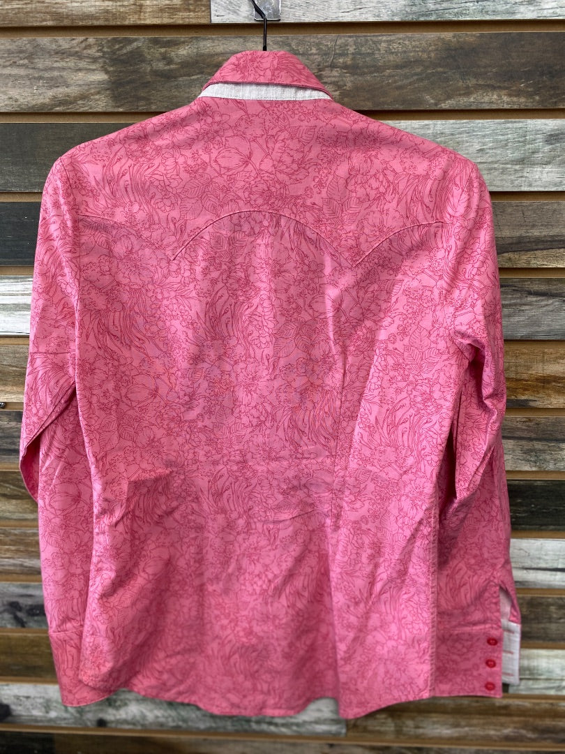 USED CR Ranchwear Ladies Western Tops XS Pink Floral | White Glitter Collar