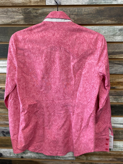 USED CR Ranchwear Ladies Western Tops XS Pink Floral | White Glitter Collar