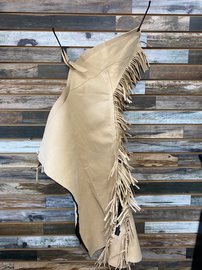 USED Womens Western Chaps | Tan Suede  with Fringe | Small