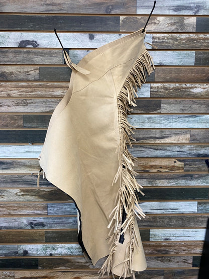 USED Womens Western Chaps | Tan Suede  with Fringe | Small