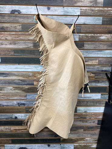 USED Womens Western Chaps | Tan Suede  with Fringe | Small
