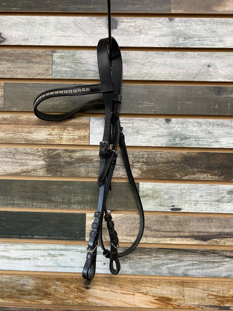 USED Black English Bridle with Silver Beaded Browband