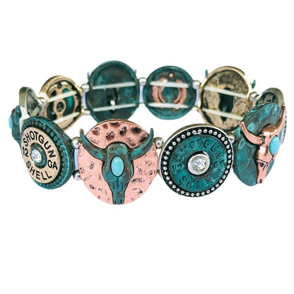 Wyo Horse Jewelry - Steer Skull and Shotgun Shell Stretch Bracelet - Patina - Package (3)