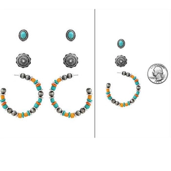 Wyo Horse Jewelry - Set of Three Beaded Concho and Hoop Earrings - Orange/Turquoise - Package (3)