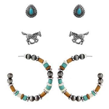 Wyo Horse Jewelry - Set of Three Horse and Beaded Hoop Earrings - Brown/Turquoise - Package (3)