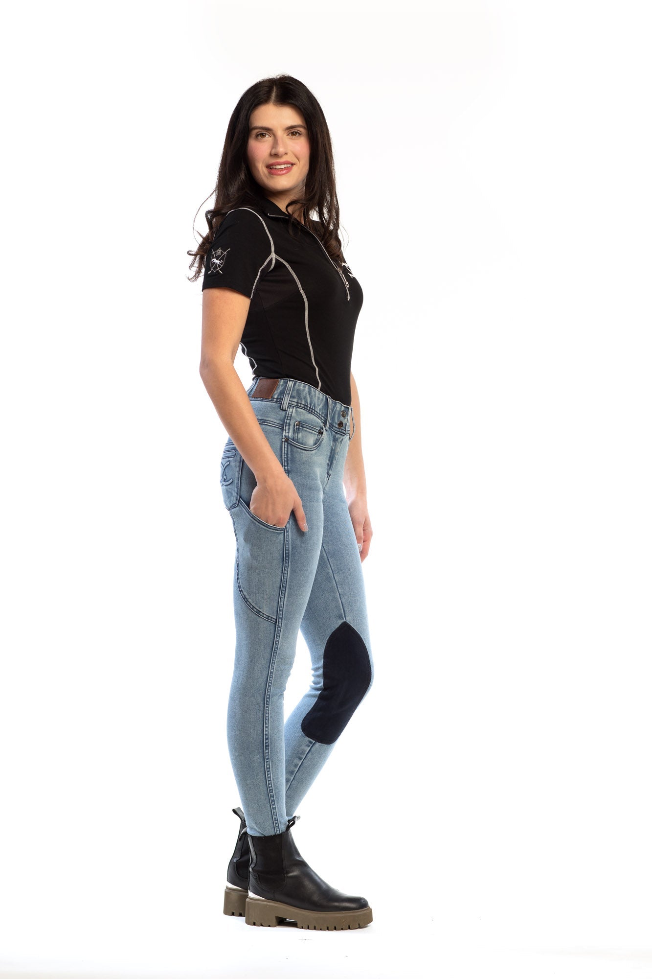 NEW Goode Rider Equestrian Jean - Knee Patch with Cell Phone Pocket - Faded Blue