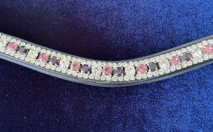 #107 Leather Browband w/Large/ Pink/Ruby/ Crystal pattern,Edged in Crystals