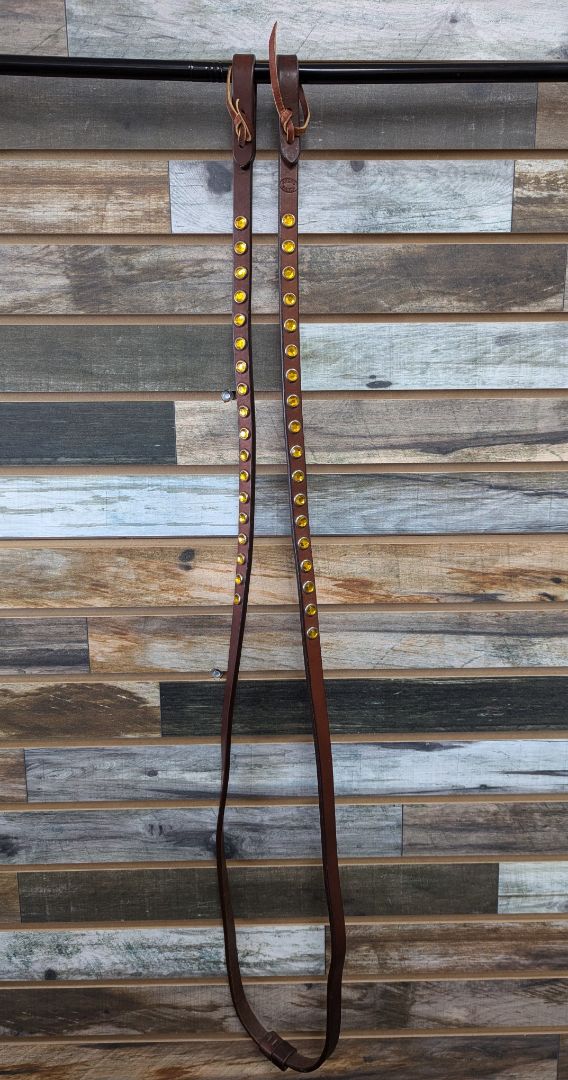 USED Amish Adjustable Leather Reins with Yellow Rhinestones 86" Dark Oil